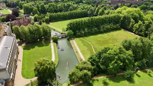 Flight over punt boats on River Cam during punting tour, Cambridge, UK