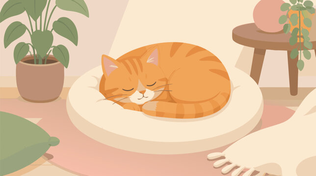 Adorably cute ginger tabby cat sleeping peacefully curled up in a ball, cozy domestic kitten flat vector illustration isolated on white background, charming feline pet character design.