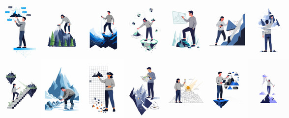 Fototapeta premium Collection of flat vector illustrations featuring people interacting with mountains, representing themes of success, growth, technology, and strategic exploration.