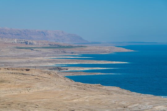 View of the salt covered shore of the Dead Sea in Israel.
