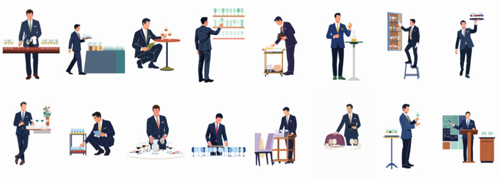 Collection of Professional Waiters and Sommeliers Performing Various Service Tasks in a Fine Dining Setting