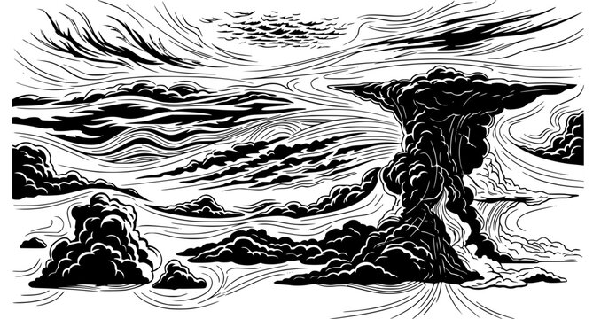 Stylized artistic ink drawing of storm clouds and windy sky atmospheric weather patterns in black and white graphic illustration style suitable for design backgrounds and creative projects