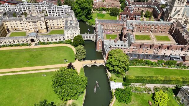 Aerial view of punting boating activity on River Cam by Bridge of Sighs, UK