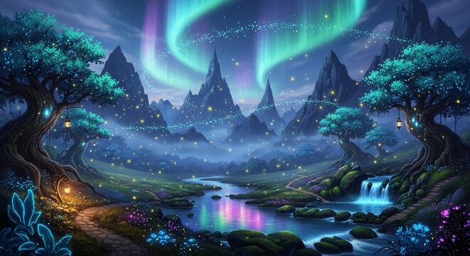 Fantasy landscape aurora borealis
