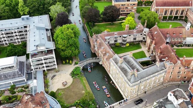 Drone shot of Queen's College and the Mathematical Bridge, Cambridge, UK