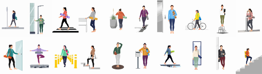 Fototapeta premium Comprehensive set of flat vector illustrations featuring women in activewear and yoga mats throughout their daily urban lives and routines.