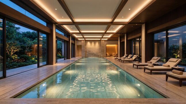 Luxury Indoor Swimming Pool Featuring Modern Architectural Design and Relaxing Lounge Chairs in a Serene Evening Atmosphere