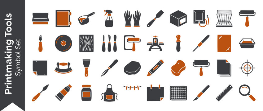 Comprehensive vector icon set of 40 printmaking and screen printing tools featuring squeegees, brayers, ink rollers, and drying racks in a modern flat design with clean monochrome accents.