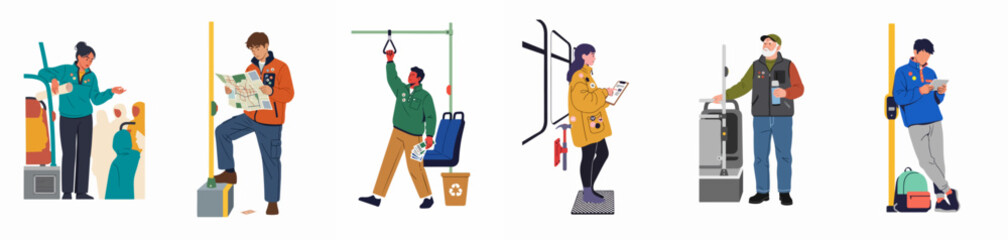 Diverse group of people commuting on public transportation, including passengers reading maps, using phones, and standing on a bus or tram. © Siji