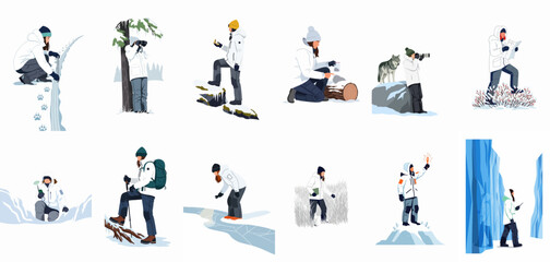 Flat vector illustration set of female researchers and explorers conducting scientific work in various arctic and winter snowy landscapes. © Juan