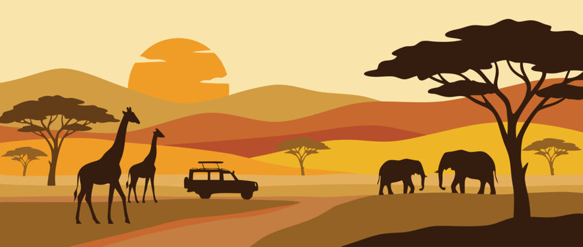 Breathtaking wildlife safari savanna scene in a flat vector style showing elephants and giraffes at sunset with iconic acacia trees under a warm golden sky in the heart of the African wild.