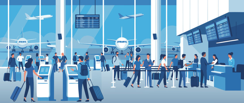 Busy airport terminal flat vector illustration featuring diverse travelers checking in at counters, modern architecture, large windows with airplanes visible on the runway, and flight boards.