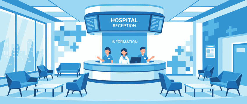 Modern hospital reception area flat vector illustration with a friendly information desk clerk, clean clinic interior, medical staff, patients, and professional healthcare environment design.