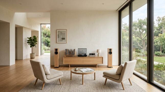 Modern minimalist living room interior with wooden furniture audio system and large windows overlooking lush green garden