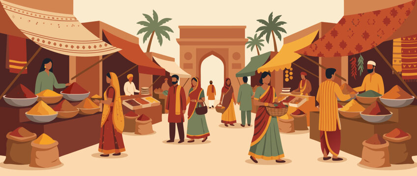 Authentic flat vector illustration showcasing a traditional Indian spice market with bright colorful powder heaps, aromatic bazaar stalls, rich cultural atmosphere, and local vendor merchant shop.