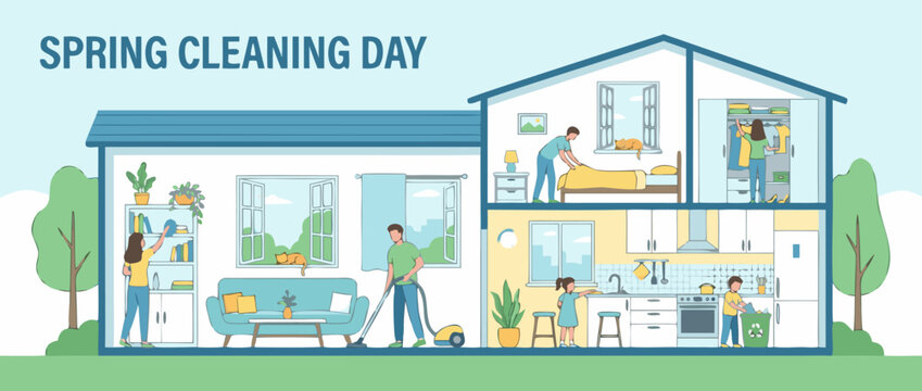 Vivid flat vector illustration of a happy family engaged in spring cleaning day, tidying up various rooms together in a bright modern house, featuring organized chores and domestic teamwork.