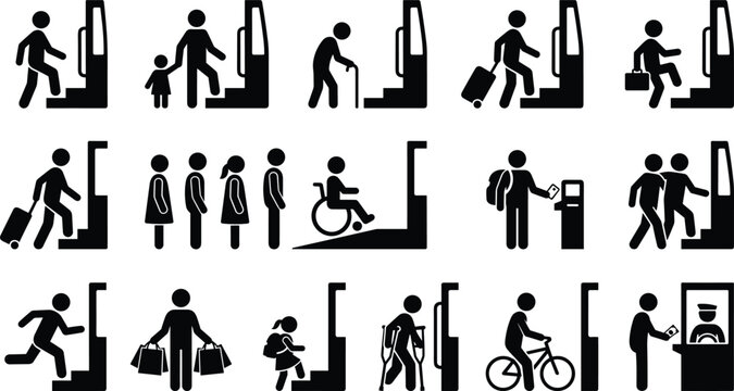 Flat design icons of people using elevators and stairs with various activities