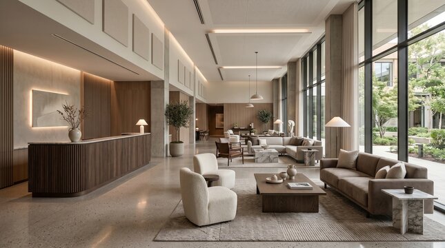 Modern luxury hotel lobby interior with elegant furniture minimalist wooden reception desk and large floor to ceiling windows overlooking greenery