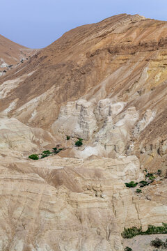 View of the Judean Desert mountains from an official viewpoint above the Dead Sea in Israel.
