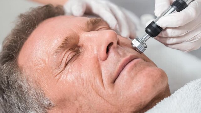 Senior man receiving professional facial rejuvenation treatment with microdermabrasion device in a modern medical spa clinic for skin care