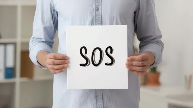 Person holding a white sign with SOS written on it in an office setting, representing a call for help, emergency assistance, or urgent support needs