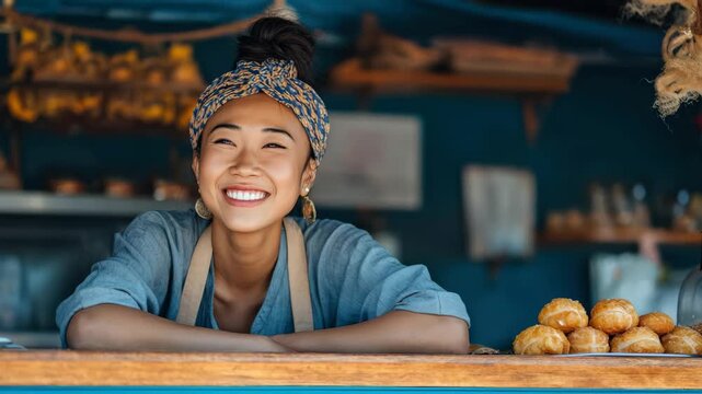 Smiling young Asian woman working as a baker in a small cafe, wearing an apron and headscarf, standing behind a wooden counter with fresh pastries
