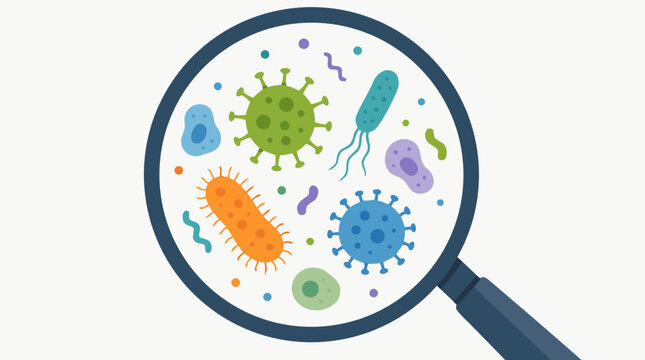 Microscopic view of virus or bacteria cells under a magnifying glass lens in a clean flat vector illustration style, ideal for medical research, healthcare, and microbiology science concepts.