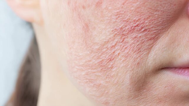 Rosacea skin condition on female cheek closeup showing redness and texture, medical dermatological footage for skincare and health care education