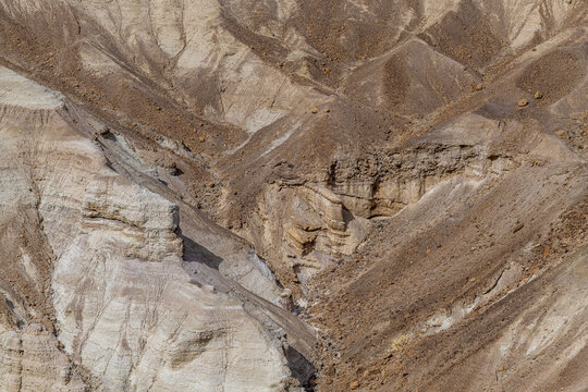View of the Judean Desert mountains from an official viewpoint above the Dead Sea in Israel.
