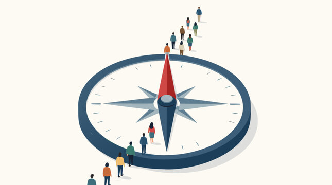 Conceptual Flat Vector Illustration of a Giant Compass Pointing North with Tiny People Following the Direction. Business Strategy, Leadership, Career Guidance, and Global Exploration Concept.