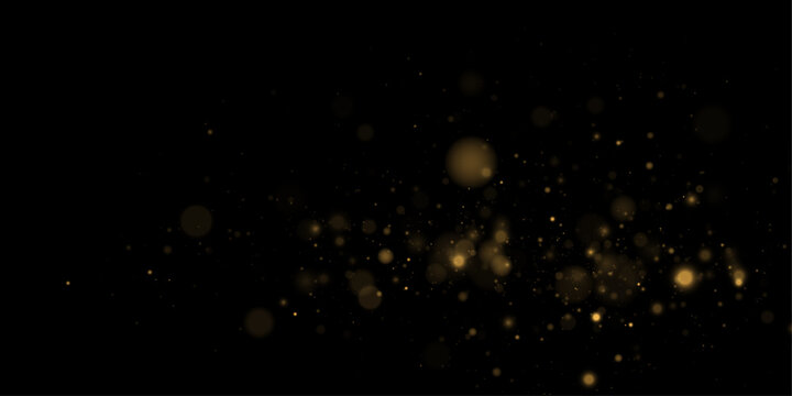 Magic radiant light particles with gold glitter dust on dark night background. Shimmering bokeh effect, glowing highlights and soft sparkle texture. Vector illustration.