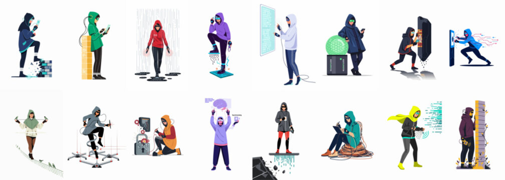 Collection of Futuristic Hacker Characters Illustrating Cyber Security, Data Protection, and Digital Privacy Concepts
