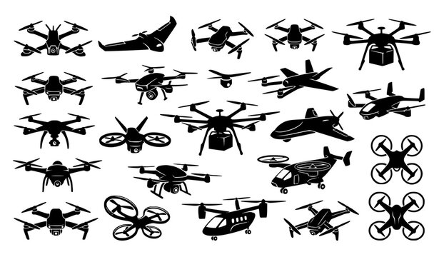Black Drone Silhouette Icons Futuristic UAV Vector Logo Templates and Aviation Symbols Set