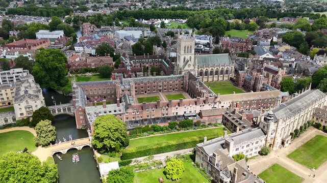 Flight over St John's College and Chapel, Cambridge city, UK