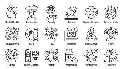 Obraz premium Line‑style mental health icons—depression, anxiety, therapy, recovery, mindfulness—arranged in a clean grid, symbolizing psychological wellbeing, awareness, and support with clarity and educational pu
