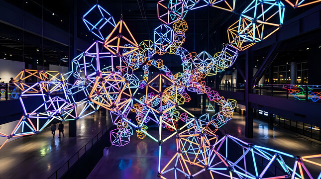 Colorful geometric sculpture made of neon lit tubes and joints hanging in a modern large public indoor space with people walking around.
