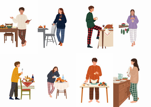 A festive collection of people in cozy pajamas and sweaters preparing for a traditional Thanksgiving dinner with holiday food and autumn decorations.