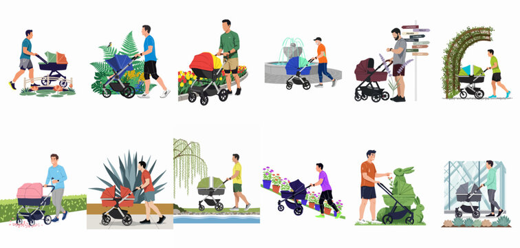 Set of illustrations featuring active fathers walking with baby strollers in various outdoor park and garden environments.