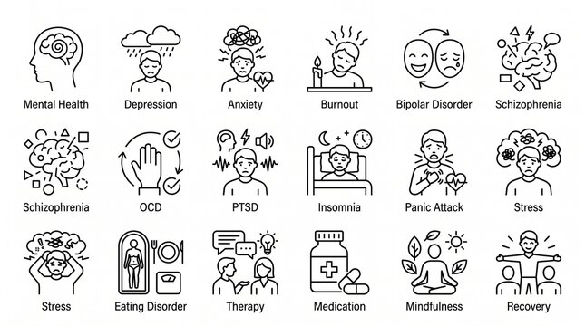 Line‑style mental health icons&mdash;depression, anxiety, therapy, recovery, mindfulness&mdash;arranged in a clean grid, symbolizing psychological wellbeing, awareness, and support with clarity and educational pu