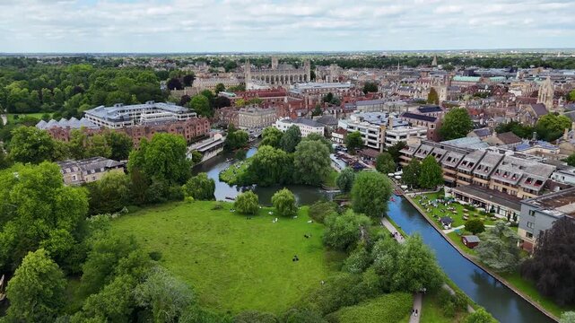 Flight over Laundress Green Park towards city center, Cambridge, UK