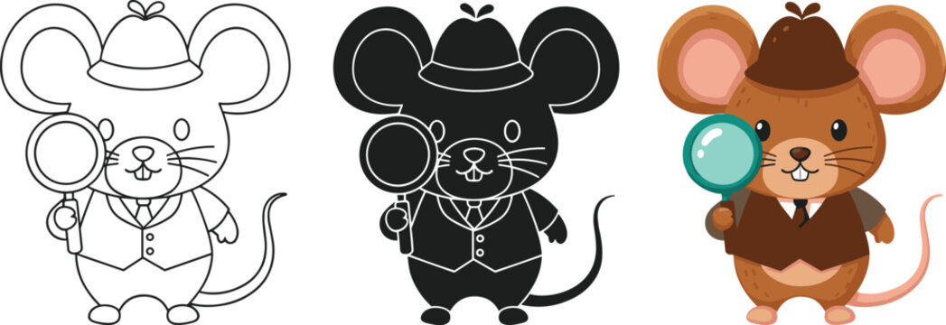 Cute detective mouse character set, adorable rodent investigator holding magnifying glass in line art, black silhouette, and flat color vector.