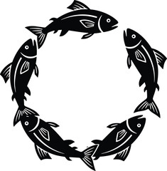 Fototapeta premium Fish, circle, silhouette, set, black, isolated, on, white, background, school, swimming, aquatic, nature, wildlife, fishing, animal, seafood, vector, illustration, design,