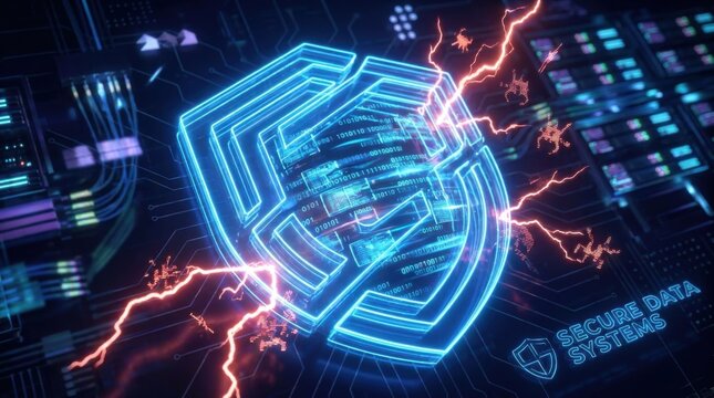 Abstract cyber shield repelling digital bugs with lightning and data stream.