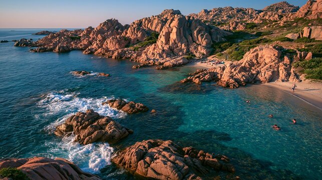 Summer sun sets over Sardinia's rocky coast. Swimmers enjoy transparent blue sea, with waves gently lapping at the shore.
