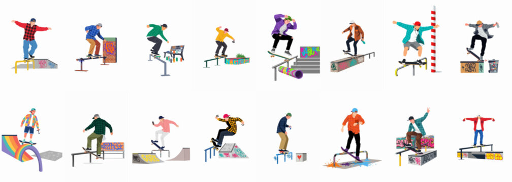 A collection of various skateboarders performing tricks on street obstacles like rails and ramps with graffiti, isolated on a white background.
