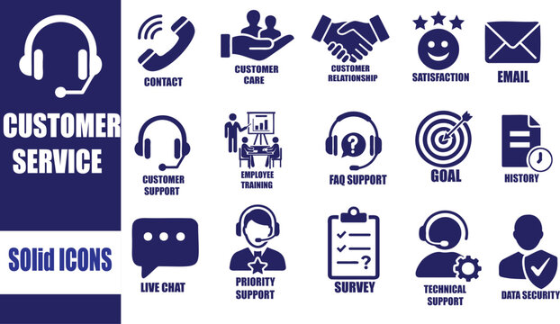 Customer Service Solid Icon Set &mdash; Support Agent, Call Center, Satisfaction, Feedback, Service Rating and Support Response Vector Icons
