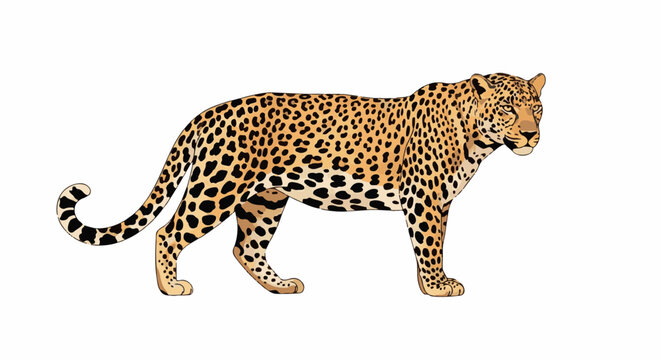 A colorful illustration of a walking leopard with yellow and black spots