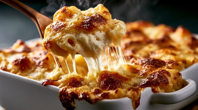 Cheesy baked macaroni, hot and gooey with a stringy cheese pull.