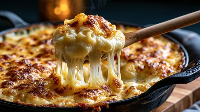 Cheesy baked macaroni, hot and gooey with a stringy cheese pull.