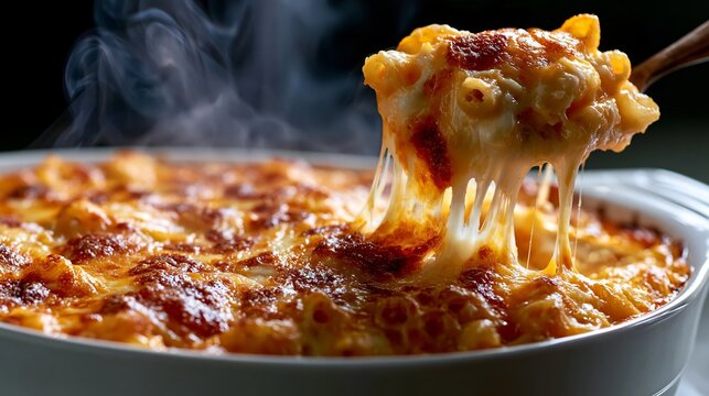 Cheesy baked macaroni, hot and gooey with a stringy cheese pull.
